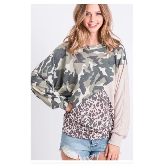 New!! Leopard Camo Dolman Sleeve Top - Picture 3 of 9